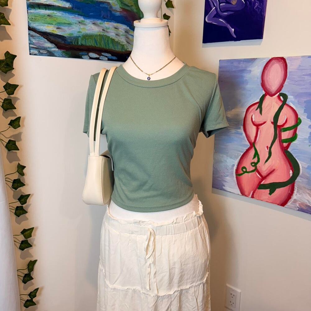 Sage green ribbed crop tee